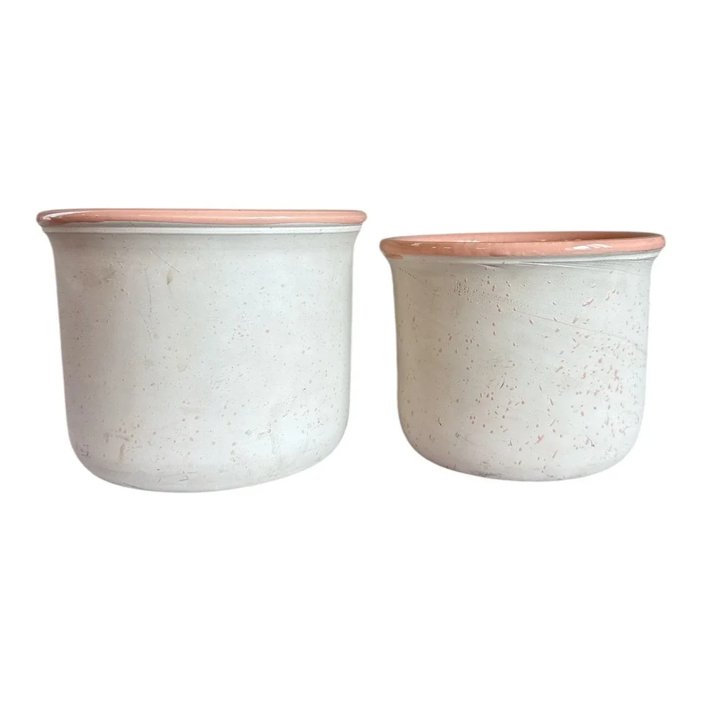 Set of 2 Vintage Italian Ceramic Planters Pink Off White‎ Speckled Earthenware